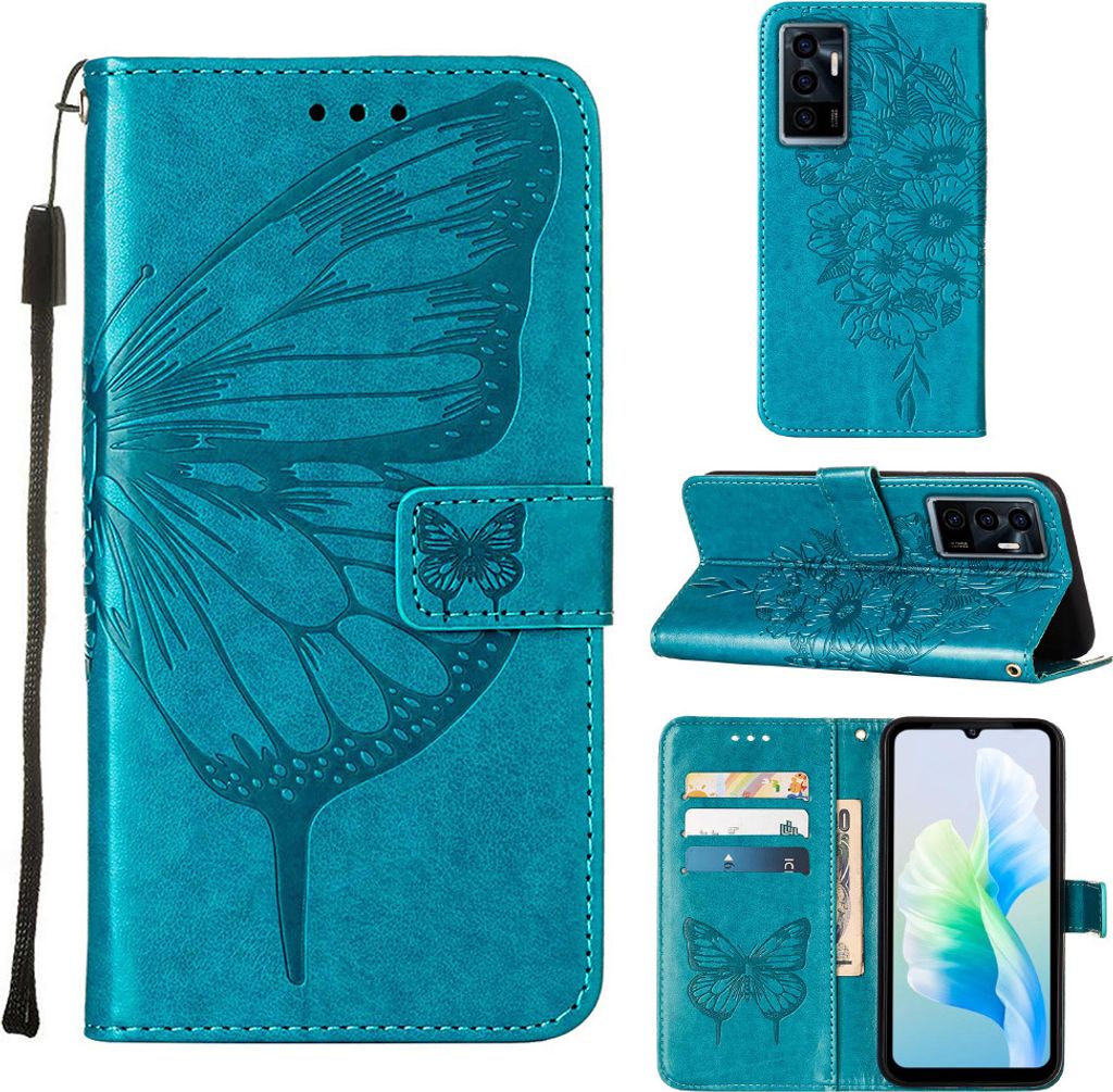 VIVO S10E 5G Hülle, Schmetterling Prägung Flip Leder Kartenfächer Schutzhülle Ledertasche mit Ständer für VIVO S10E 5G / V23E 4 5G / Y75 4G Blau