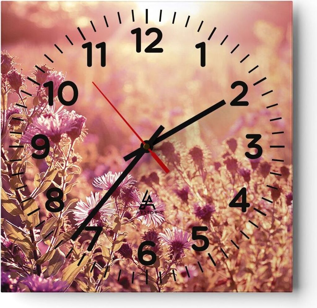 Wanduhr - Quadrat - Glasuhr - Wiese Blumen Sonne - 40x40cm - Schleichendes Uhrwerk - Lautlos - zum Aufhängen bereit - Dekoration Modern - Wanddeko...