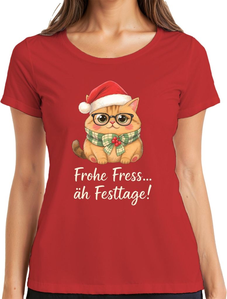 Frohe Fress äh Festtage Weihnachtskatze lustig Geschenk Niedlich Damen T-Shirt, Rot, L