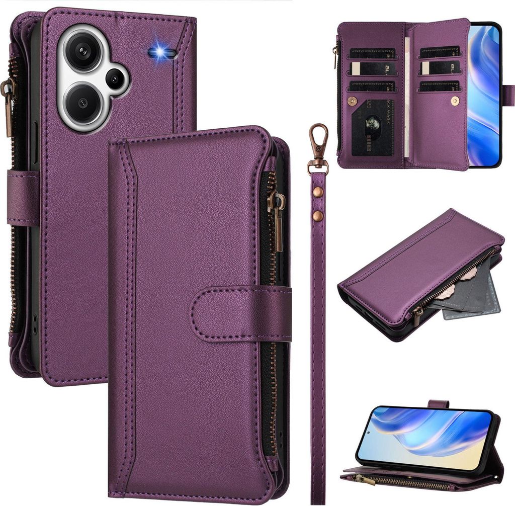 Handyhülle für Xiaomi Redmi Note 13 Pro Plus Reißverschluss Geldbörse Kunstleder Klapphülle mit Kartensteckplatz, Ständer, Handschlaufe Lila