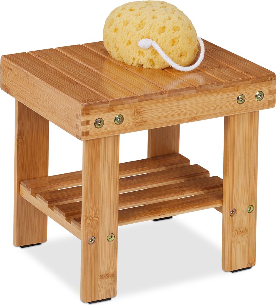 Relaxdays Badhocker aus Bambus, Sitzhocker mit extra Ablagefläche, HxBxT: 26 x 27 x 22,5 cm, Stauraum Flur & Bad, natur