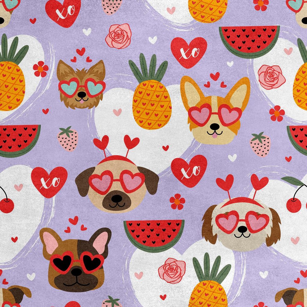 Royal Samt Stoff Polyester Zum Nähen - Motiv Hunde Herzen Früchte