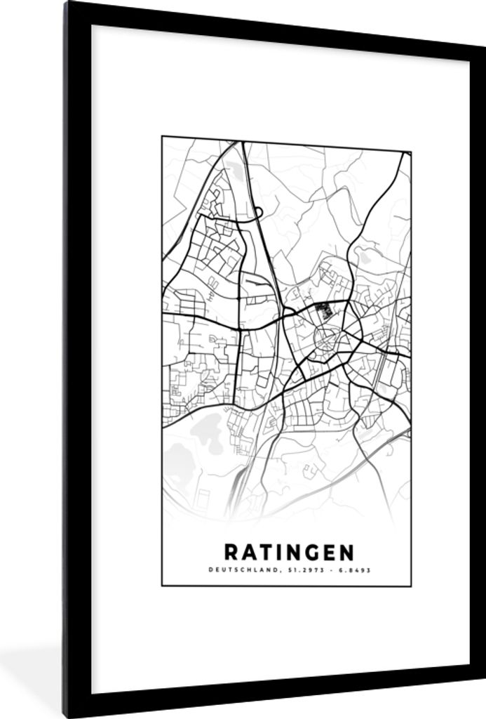 MuchoWow Gerahmtes Poster Ratingen - Karte - Stadtplan 60x90 cm - Poster mit Schwarzem Bilderrahmen Wandposter Rahmen Foto Bilder - Dekoration - ...