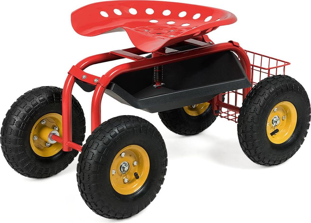 Rollbarer Gartenwagen, mobiler Arbeitswagen mit verstellbarer Höhe, um 360° drehbarem Sitz, Werkzeugablage & Aufbewahrungskorb, mit Rädern, Rot