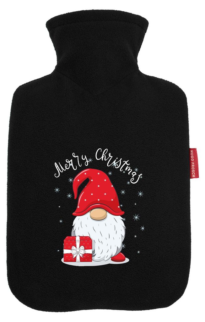 Huuraa Wärmflasche Merry Christmas Wichtel 1,8 Liter Black Classic Veloursbezug Bettflasche Geschenkidee
