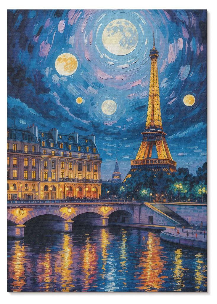 POSTER - 42x59 cm (A2) - CMYK Group - Paris bei Nacht, Vollmond, Eiffelturm - Wandbild für Wohnzimmer Schlafzimmer & Flur, Modernes Poster Wanddek...