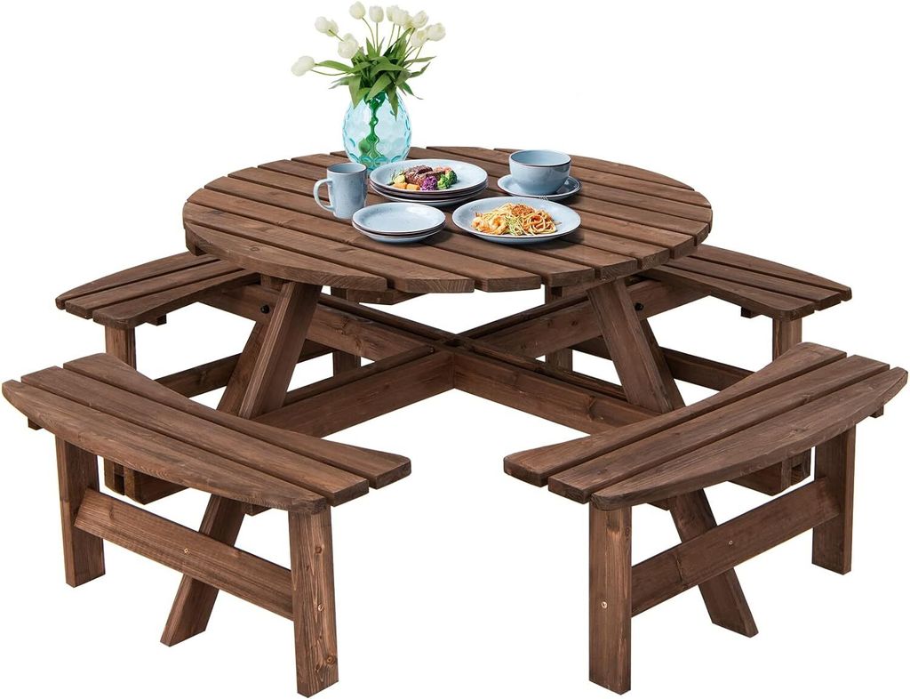 KOMFOTTEU Gartentischset für 8 Personen, Picknicktisch Set mit 4 Bänken & Schirmloch, Campingtisch aus Tannenholz wetterfest, Dunkelbraun