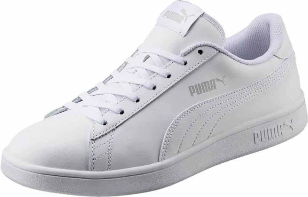 A white Puma Smash v2 sneaker is shown from a side angle against a white background.
