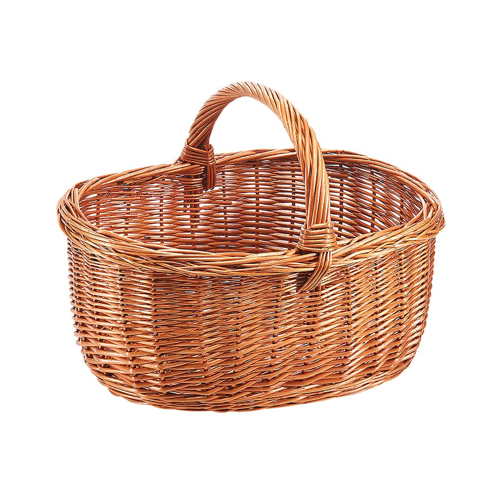 A woven basket with a handle against a white background.