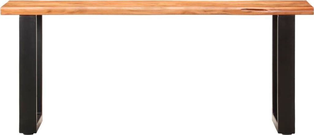 A wooden bench with black metal legs against a white background.