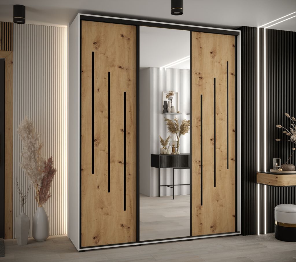 Kleiderschrank ASIRI 9 – 190/60 cm, weiß/Eiche handwerklich/schwarz