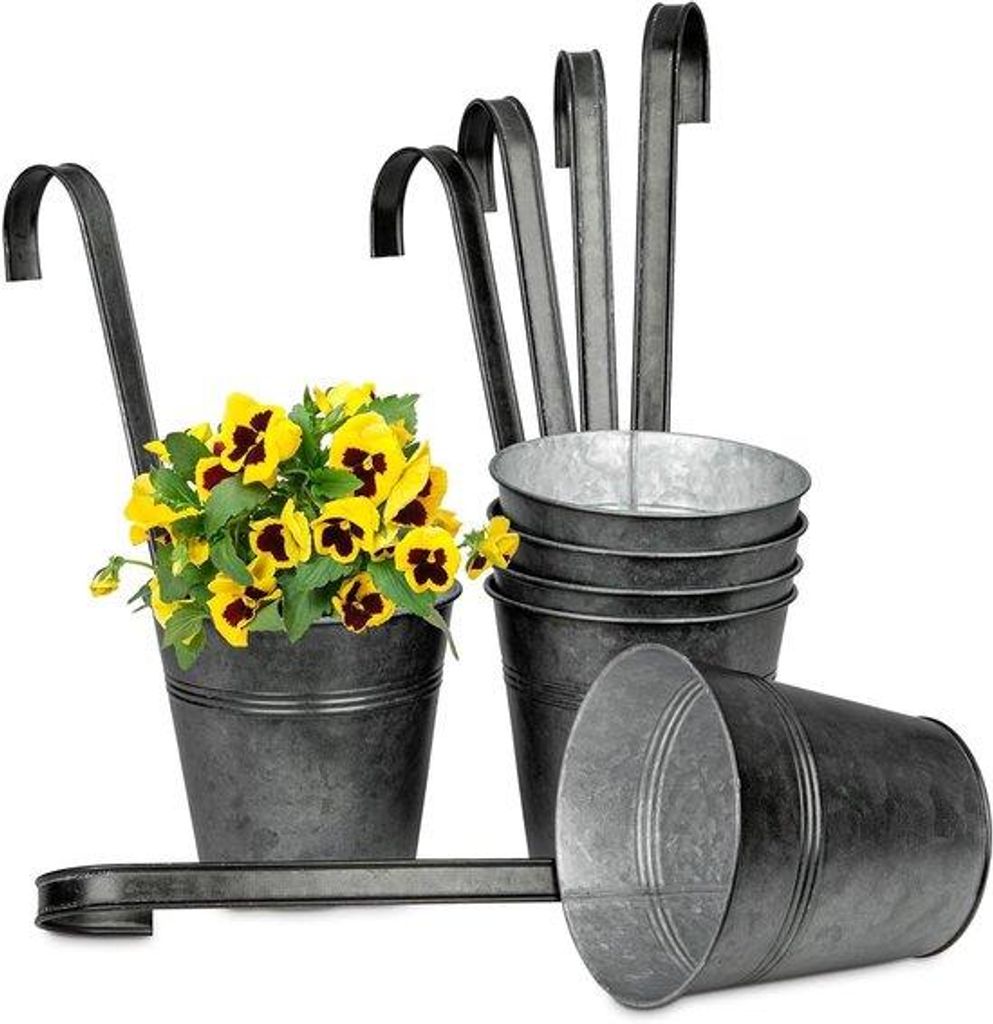 Hangende plantenpotten - set van 6 met afneembare metalen haken - verzinkt stalen potten - moderne balkon en tuin decoratie