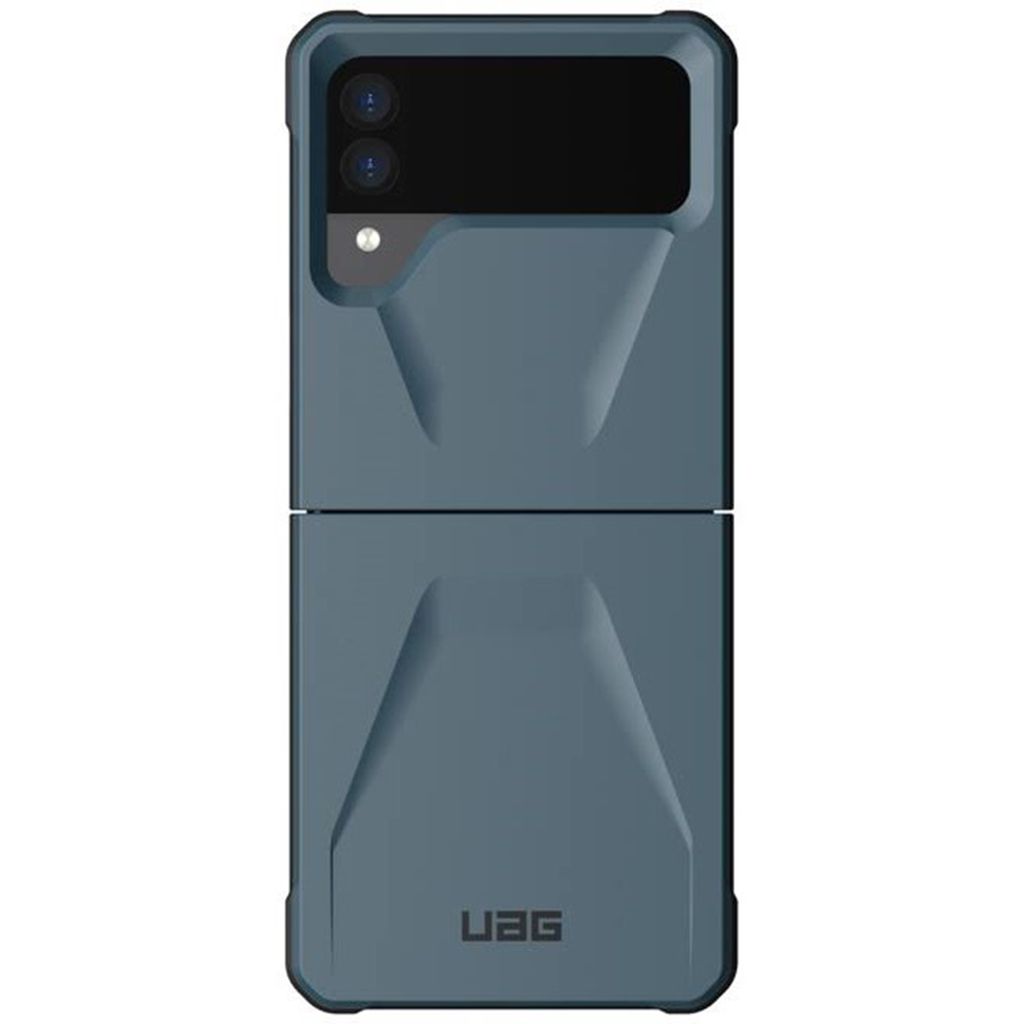 A blue flip phone case is shown against a white background.