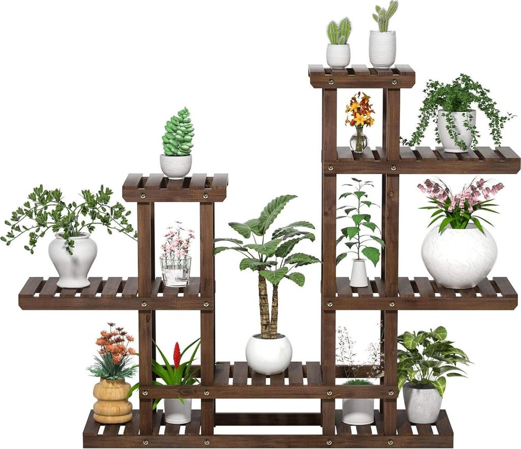 Pflanzenregal Holz, Blumenregal Outdoor, Blumentreppe 6 Ebenen, Pflanzentreppe mit mehreren Etagen, Holzregal 120,5 x 25 x 96,5 cm, Blumenständer ...