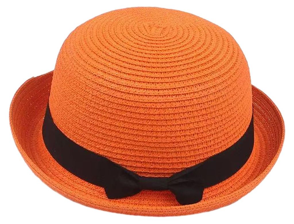 Eltern-Kind-Strandhut, gewölbte Krempe, UV-Schutz, handgewebter Sommer-Strohhut mit schwarzer Satinschleife