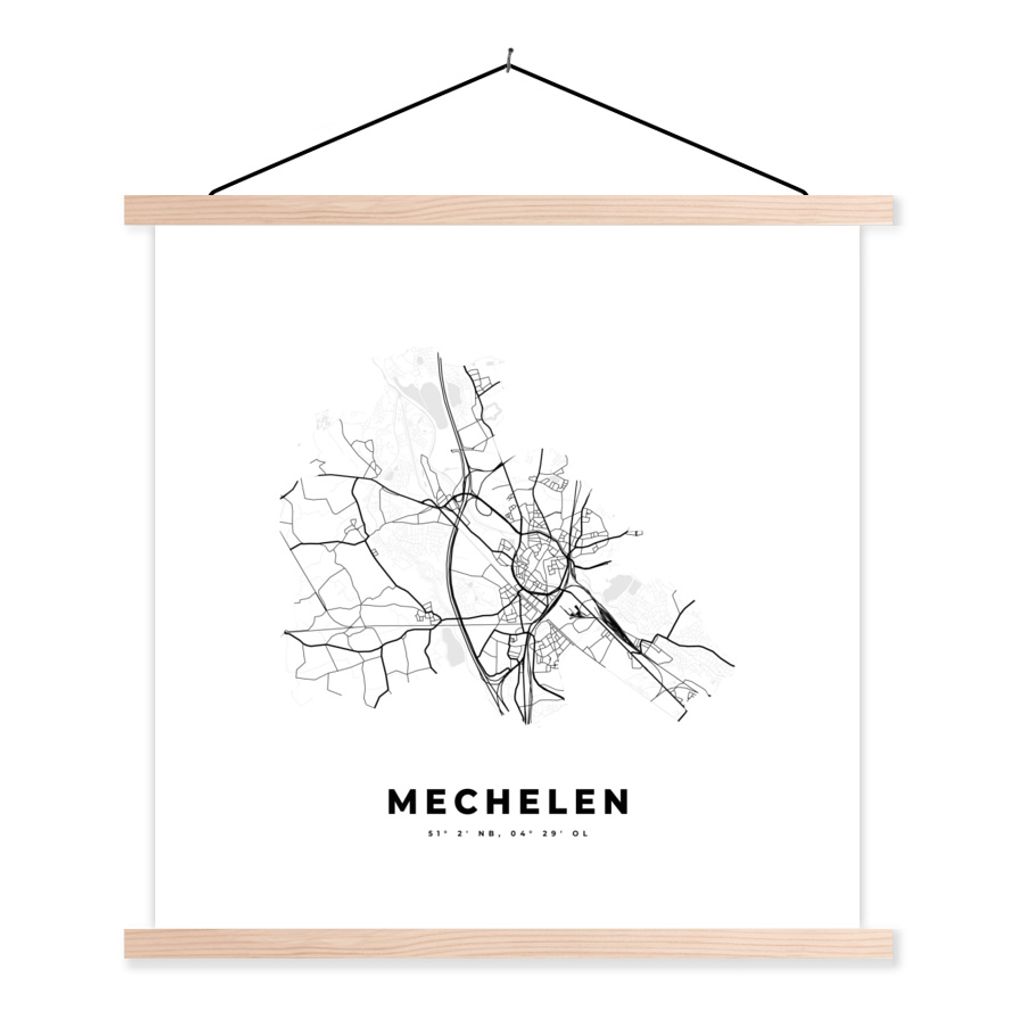 MuchoWow Textilposter Belgien - Mechelen - Stadtplan - Karte - Schwarz und weiß - Karte 40x40 cm mit holzfarbenen Rahmen - Posterleiste