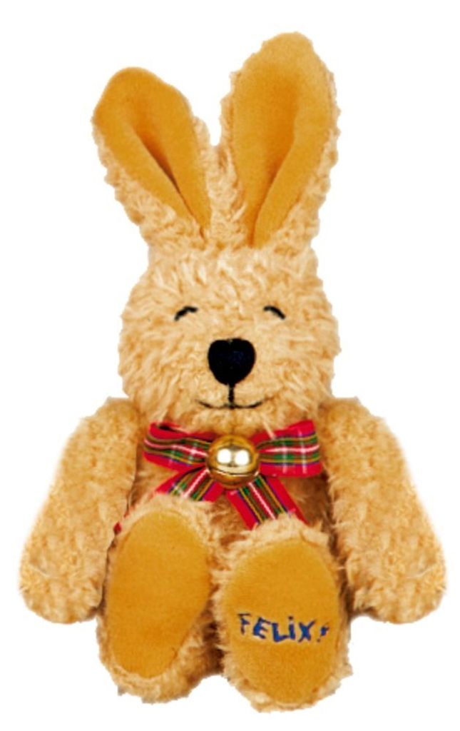 A plush toy rabbit sitting upright against a white background.