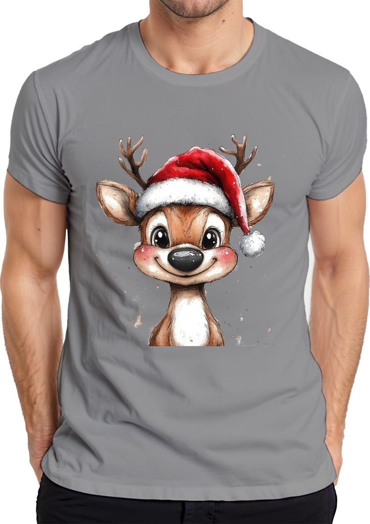 Weihnachtsrentier niedlich Aquarell Kinder Geschenk Vintage Herren T-Shirt, Grau, S