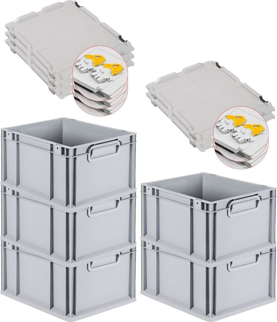 SuperSparSet 5x Eurobox NextGen Grip mit Scharnierdeckel und gelben Schiebeschnappverschlüssen | HxBxT 22x30x40cm | 20 Liter | Griffe geschlossen ...