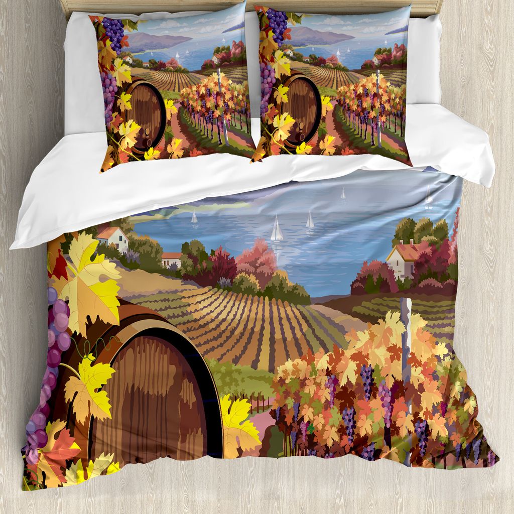 ABAKUHAUS Weingut Bettbezug, Cartoon Vineyard Trauben, Milbensicher Allergiker geeignet mit Kissenbezügen, 155 cm x 220 cm - 80 x 80 cm, Blau Gelb