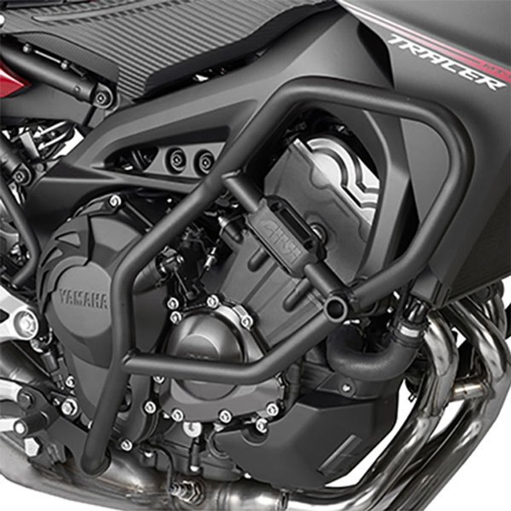 A close-up view of a motorcycle engine guard.