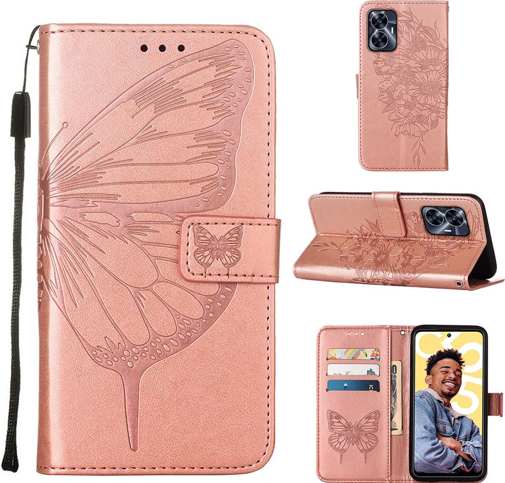 Lederhülle für Realme C55 Schmetterling Prägung Flip Ledertasche Kartenfächer Handyhülle mit Ständer Pink