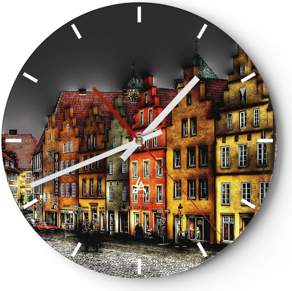 Wanduhr - Rund - Glasuhr - Bunte Häuser historische Denkmäler - 40x40cm - Schleichendes Uhrwerk - Lautlos - zum Aufhängen bereit - Dekoration Mo...