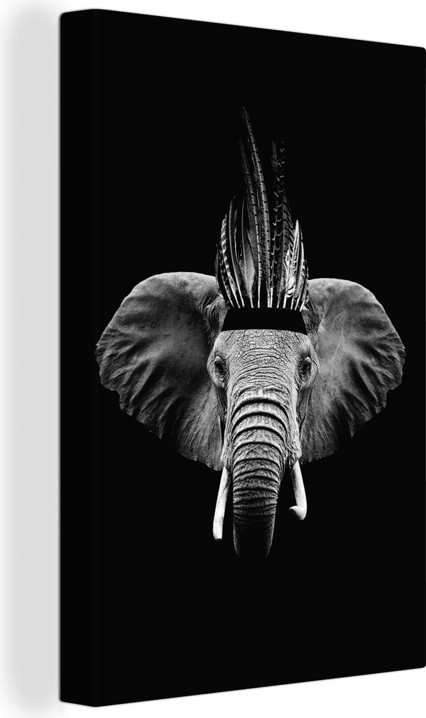 OneMillionCanvasses - Leinwandbilder - 90x140 cm, Elefant mit indischem Käfig vor schwarzem Hintergrund - schwarz und weiß, Wandbilder Kunstdru...
