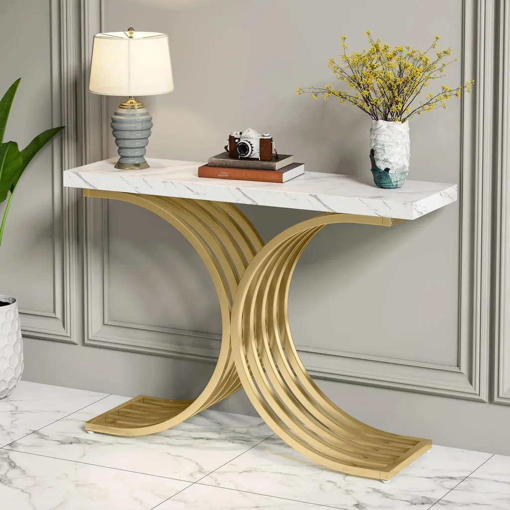 Table d'entrée design géométrique or et marbre blanc 100x30x80 cm