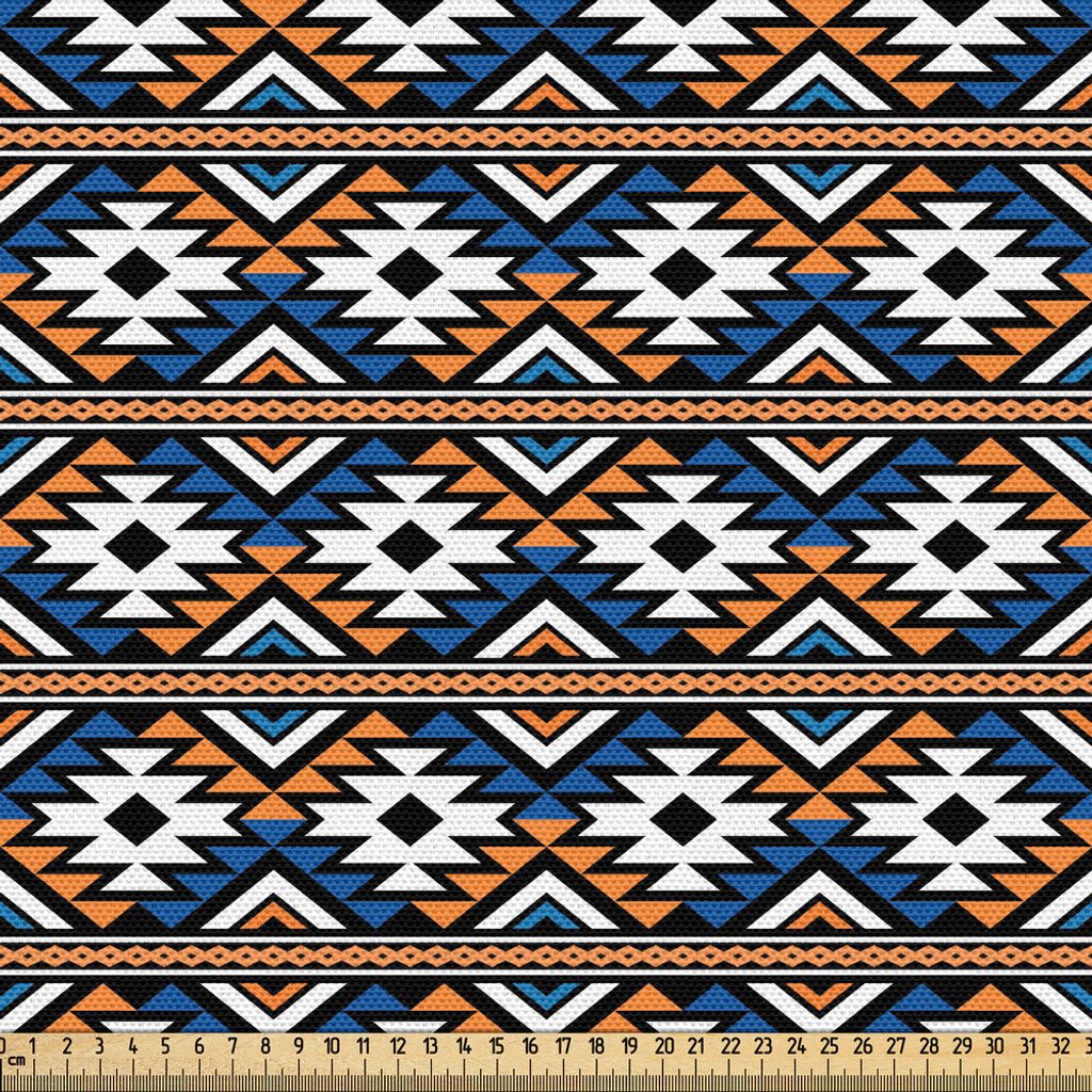 ABAKUHAUS Boho Gewebe als Meterware, Grenze ethnisches nahtloses geometrisches Muster in Boho Art Style, 1 M (148 x 100 cm), Orange Blau und Weiß