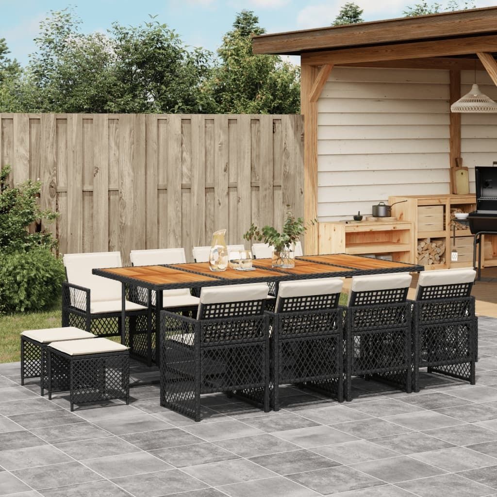 "2026 Promotion" 13-tlg. Garten-Essgruppe - mit Tisch und Stühlen - mit Kissen - Schwarz Poly Rattan - Gartenmöbelset CC11553