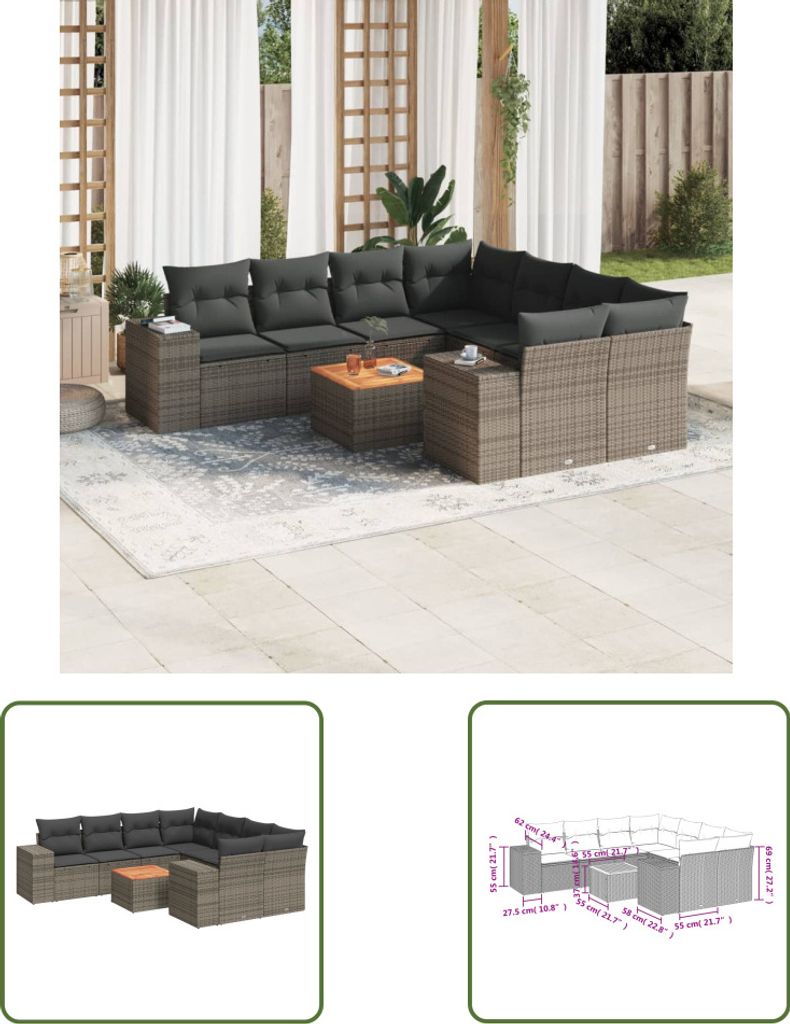 The Living Store 9-tlg. Garten-Sofagarnitur mit Kissen Grau Poly Rattan