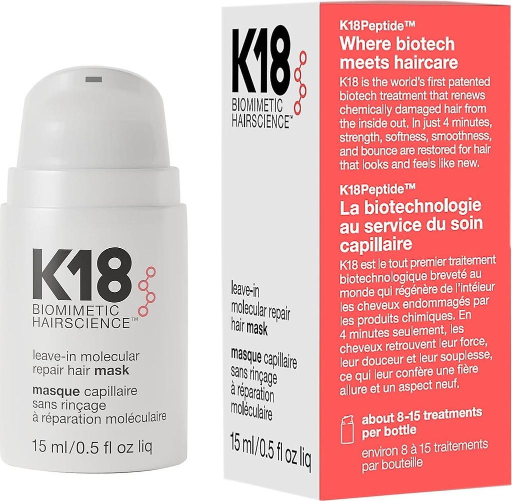 A product shot of a K18 Leave-In Molecular Repair Hair Mask bottle and its packaging.