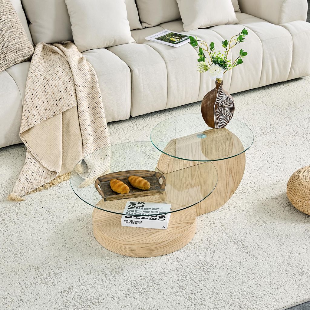 STILVORA Couchtisch mit zweistufiger Sicherheitsglasplatte und MDF-Struktur in heller Holzmaserung, Glastisch für mehrstufigen Stauraum und modern...