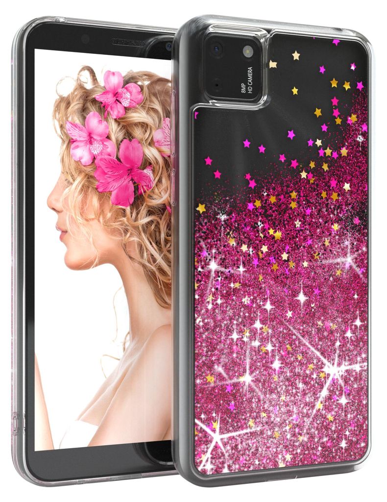 EAZY CASE Hülle kompatibel mit Huawei Y5P Schutzhülle mit Flüssig-Glitzer, Handyhülle, TPU / Silikon, Transparent / Durchsichtig, Pink