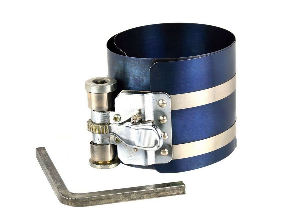 A piston ring compressor tool and an L-shaped hex wrench are displayed against a white background.
