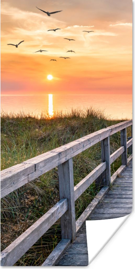 MuchoWow Poster Sonnenuntergang - Meer - Weg - Gras - Düne - Vögel 60x120 cm - Wandschmuck