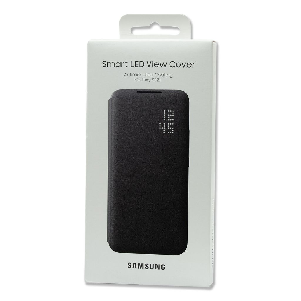 The image shows the retail packaging for a Samsung Smart LED View Cover for the Galaxy S22+.