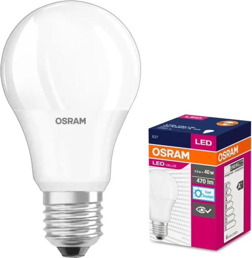 A white LED light bulb is shown next to its packaging.