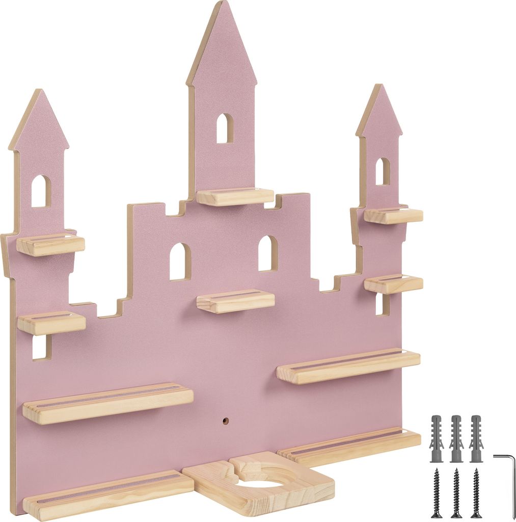 A pink castle-shaped wall shelf with wooden shelves.