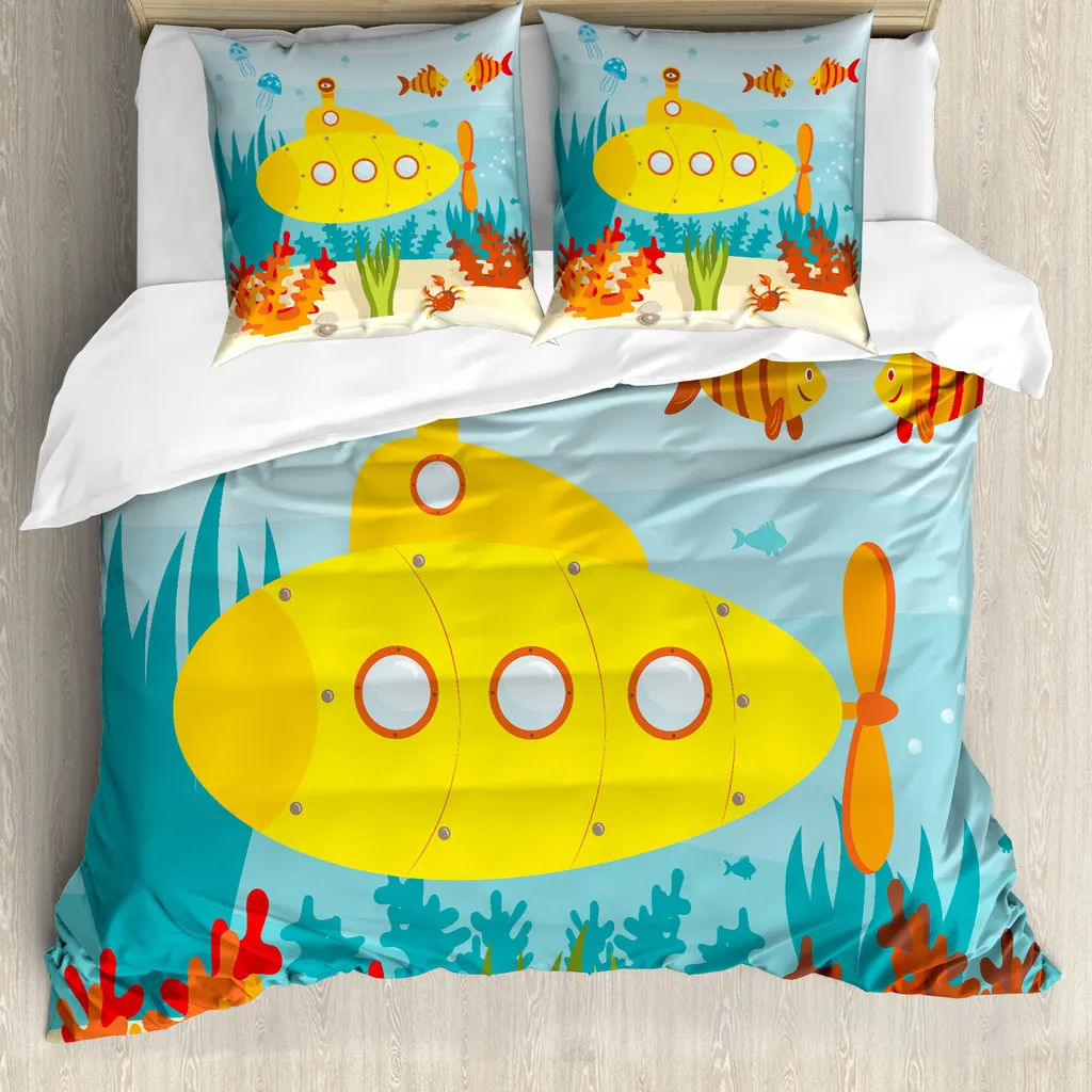ABAKUHAUS Copripiumino giallo a forma di sottomarino, tema Sea Life, antiacaro, adatto a chi soffre di allergie, con federe, 155 cm x 220 cm - 80 x 80 cm, giallo azzurro