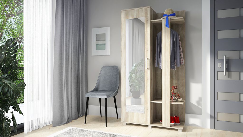 Garderobenset KARO, Garderobenpaneel, Kompaktgarderobe, Flurmöbel, mit Spiegel, Farbe: Sonoma Eiche, Seite: links