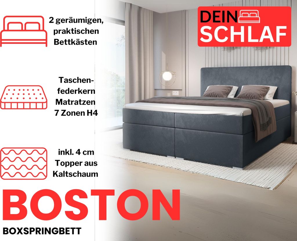 Boxspringbett BOSTON 180x200 cm Velour Paros 6 Dunkelgrau Produktbild 3