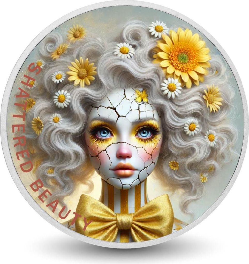 Zerschmetterte Schönheit: Goldenes Schweigen, farbiges 1-Unzen-Silber