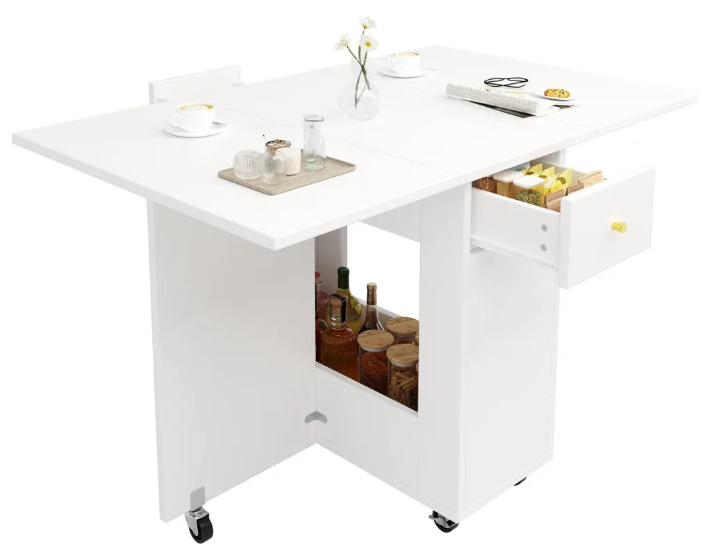 Table de cuisine mobile blanche 120 cm avec rangements et 2 tiroirs - 10