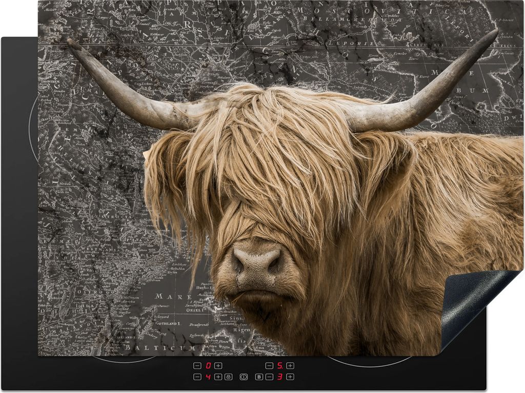 KitchenYeah Herdabdeckplatte Schottischer Highlander - Weltkarte - Tiere , 70x52cm, Küche Deko, Glaskeramikfeld Herdabdeckung, Abdeckplatte fùr...