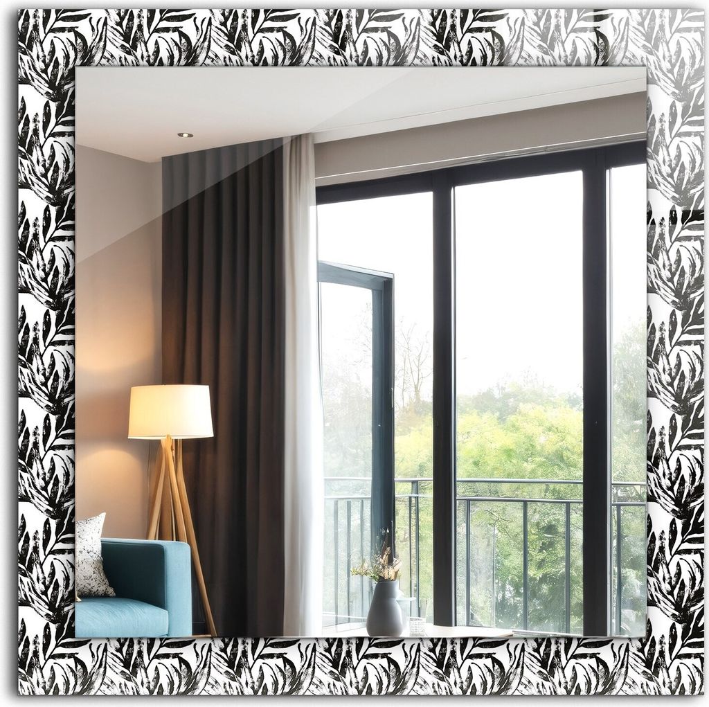 Dekospiegel - Wandspiegel mit Rahmen - Hängespiegel - 60x60 cm - Schwarze Und Weiße Blätter