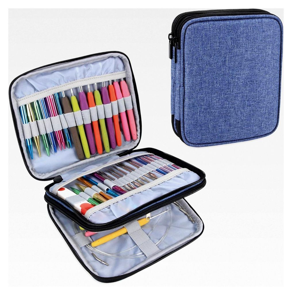 Häkelnadeltasche für austauschbare Rundstricknadeln, ergonomische Häkelhaken, Aluminiumhäkelhaken, Strickzubehör und mehr, Blau