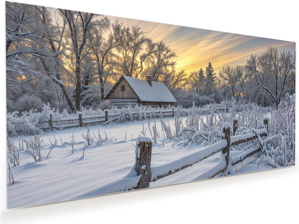 Glasbild 100x50cm in XXL für Wohnzimmer, Schlafzimmer Motiv Verschneites Landhaus