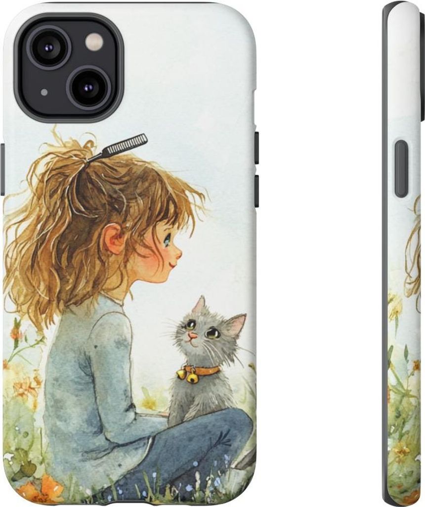 Mädchen mit Kätzchen im Blumengarten – Handyhülle Kompatibel mit iPhone 14 Plus